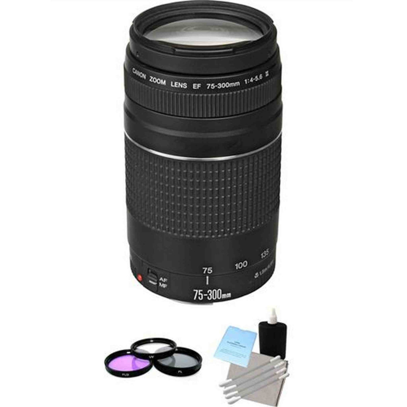 Canon EF 75-300mm F/4.0-5.6 III Lens + 3 Piece Filter Kit & Lens Cleaning Kit Bundle (International Model)