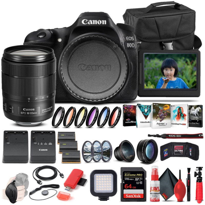 Canon EOS 80D DSLR Camera W/ 18-135mm Lens 1263C006  - Advanced Bundle (International Model)