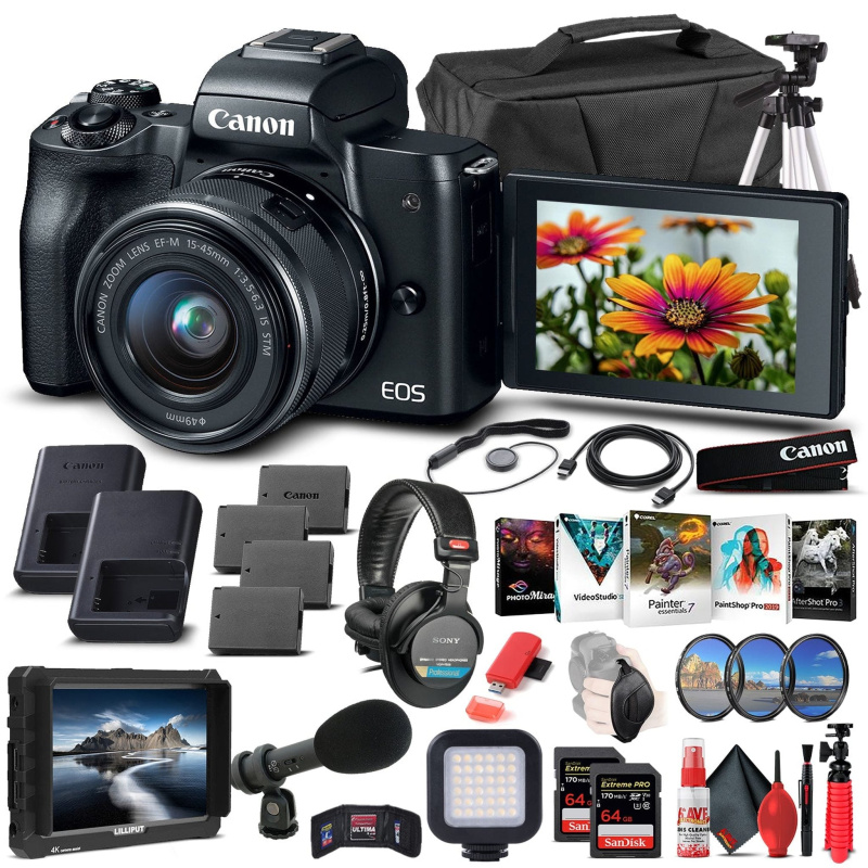 Canon EOS M50 Mirrorless Camera W/ 15-45mm Lens Black 2680C011  - Pro Bundle (International Model)