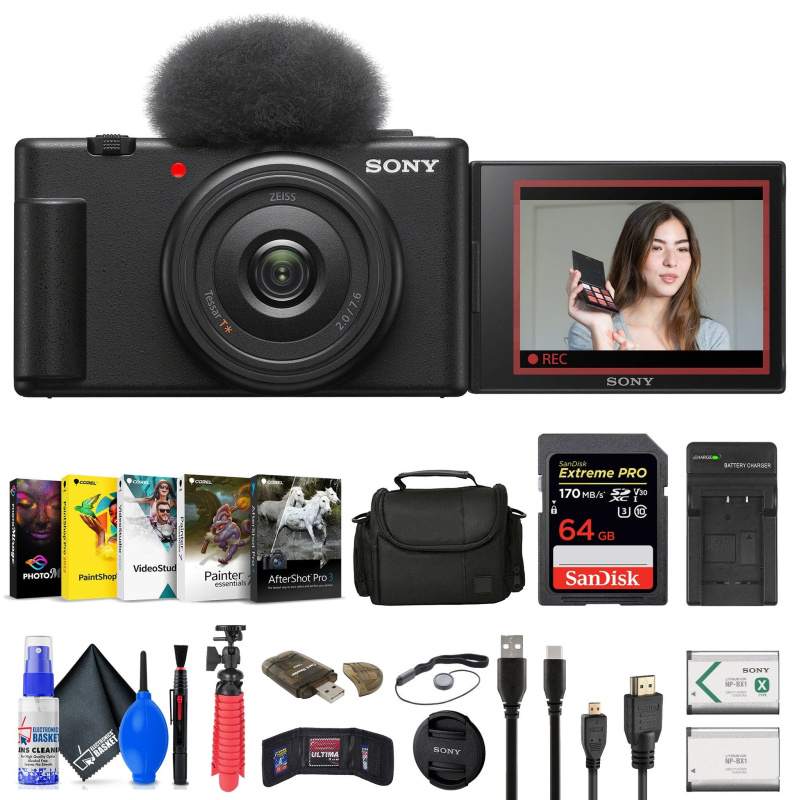 Sony ZV-1F Vlogging Camera (Black) (ZV1F/B) + Case + 64GB Card + Tripod + Software + More