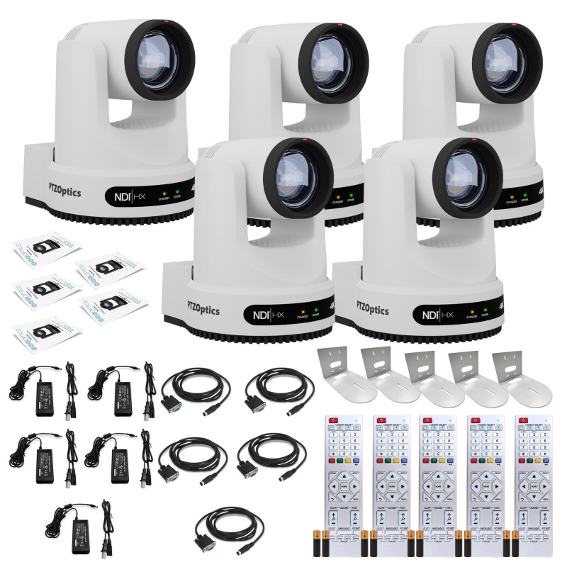 5 x PTZOptics Move 4K PTZ Camera with 12x Optical Zoom (White) (PT12X-4K-WH-G3) + 5 x Wall Mount