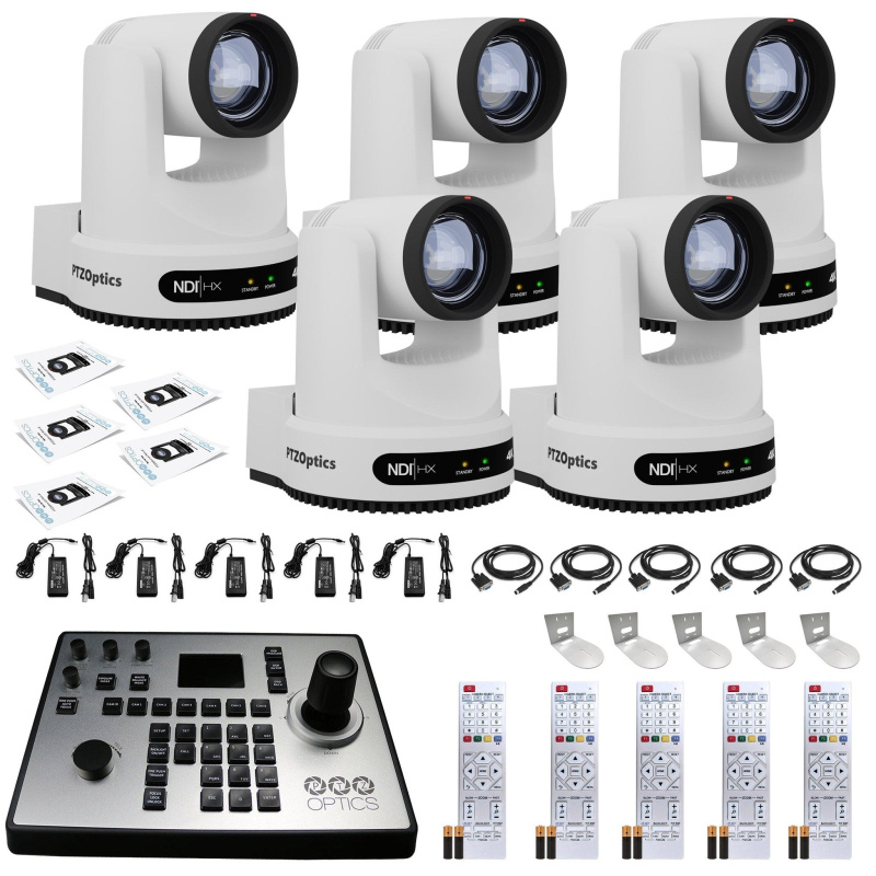 5 x PTZOptics Move 4K PTZ Camera with 12x Zoom (White) (PT12X-4K-WH-G3) + PT-JOY-G4 Controller + 5 x Wall Mount