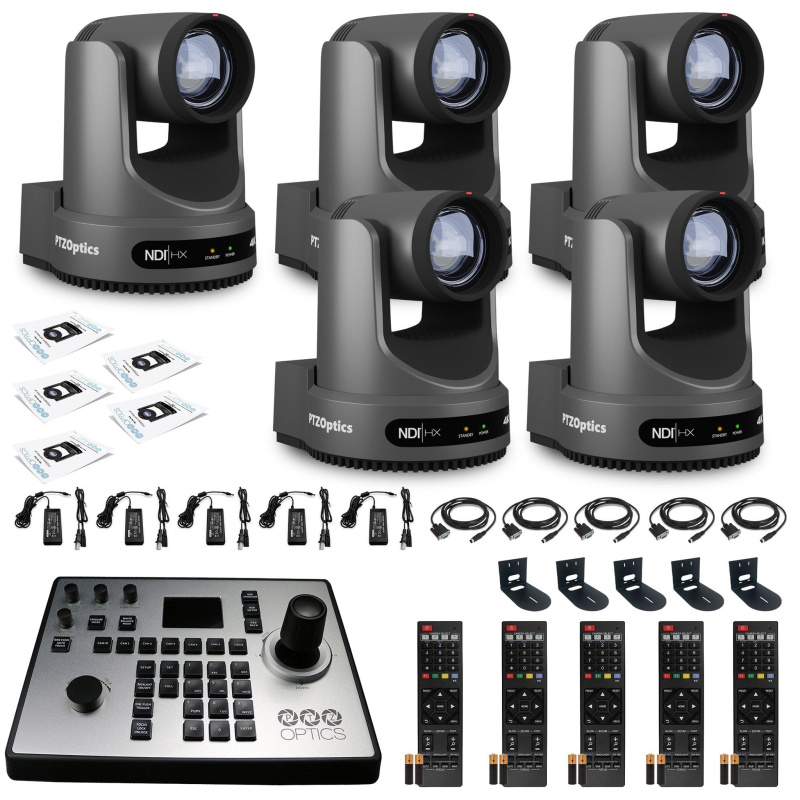 5 x PTZOptics Move 4K PTZ Camera with 20x Zoom (Gray) (PT20X-4K-GY-G3) + PT-JOY-G4 Controller + 5 x Wall Mount
