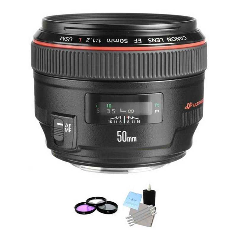 Canon EF 50 mm F/1.2 L USM Lens + 3 Piece Filter Kit, Lens Cleaning Kit System Bundle (International Model)