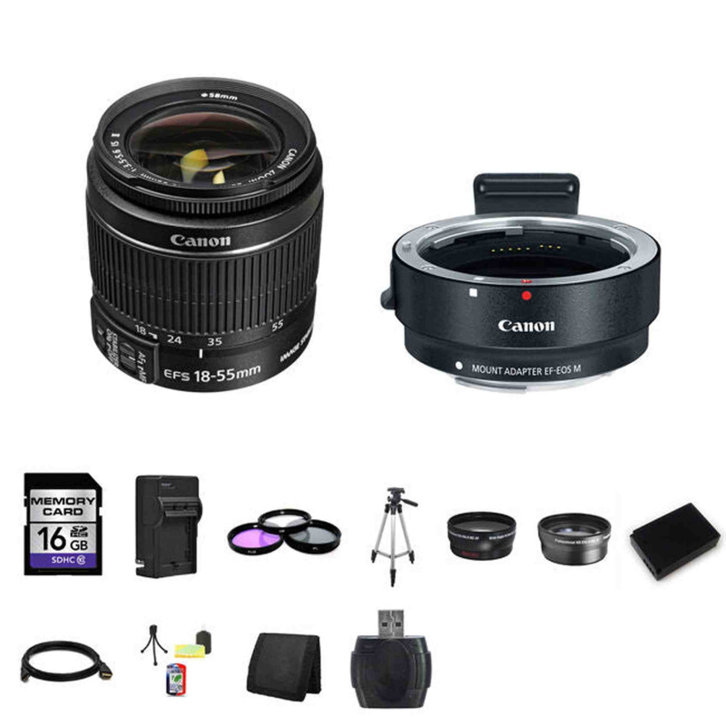 Canon EF-S 18-55mm Lens w/EF-M Adapter For EF/EF-S Lenses 16GB Starter Bundle (International Model)