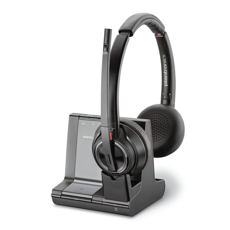 Plantronics - Savi 8220 Office Wireless DECT Headset (Poly) - Dual Ear (Stereo) - Compatible to connect to PC/Mac or to Cell Phone via Bluetooth - Wor