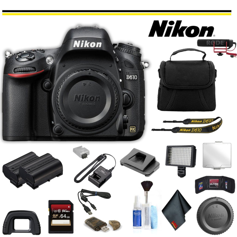 Nikon D610 DSLR Camera (1540 ) Advanced Bundle W/ Bag, Extra Battery, LED Light, Mic, and More - (International Model )
