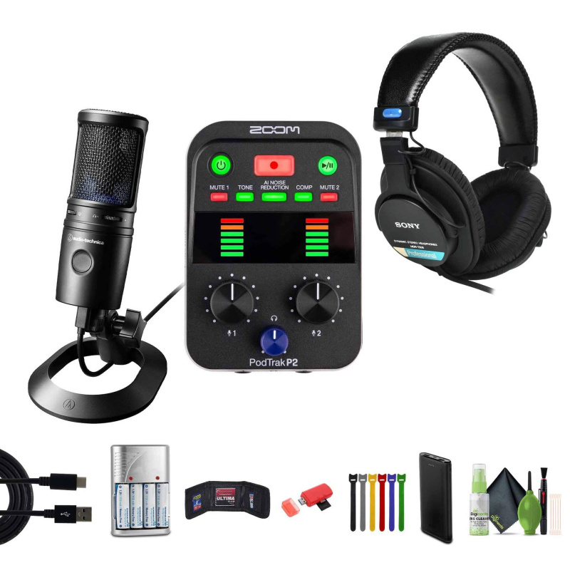 Zoom PodTrak P2 Podcast Recorder, Sony MDR-7506 Stereo Headphones, Bundle