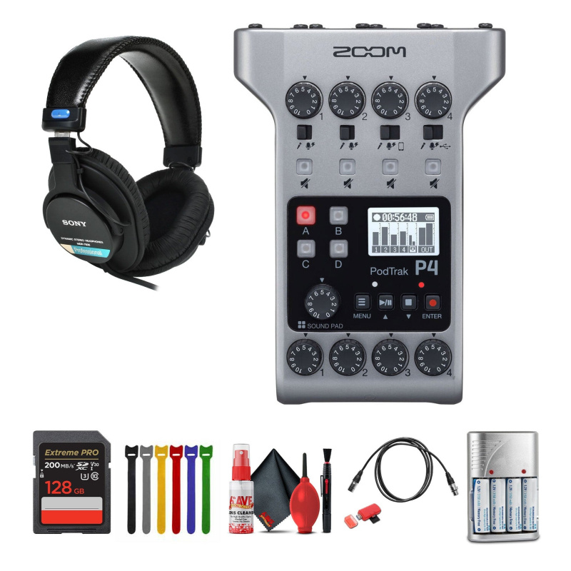 Zoom PodTrak P4 Portable Podcast Recorder + Headphones, Bundle