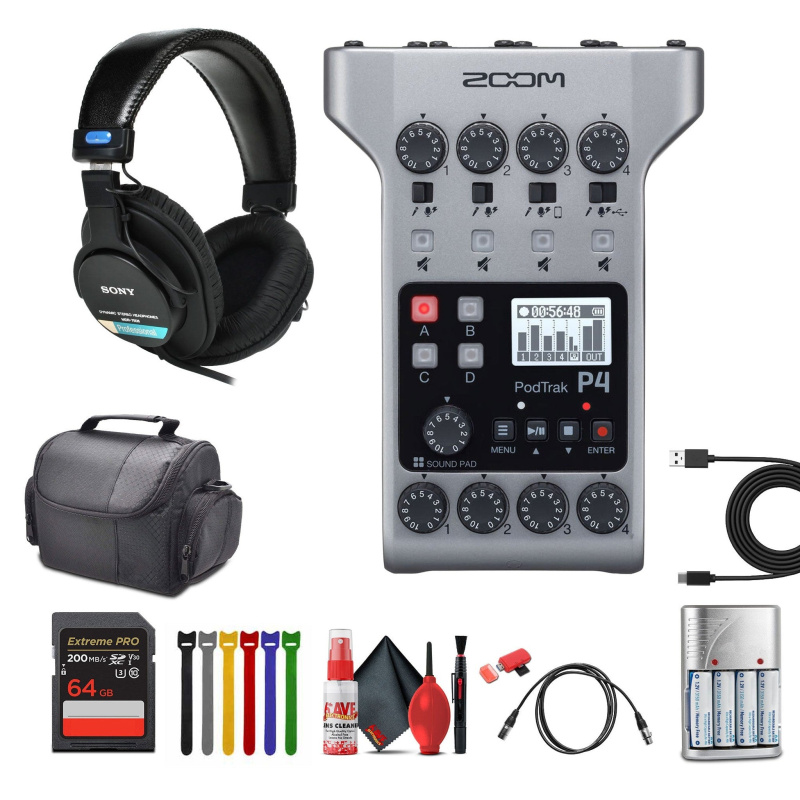Zoom PodTrak P4 Portable Podcast Recorder + Headphones, Travel Bag, Bundle