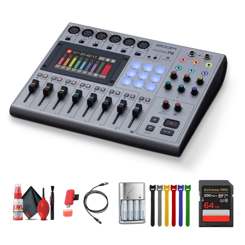 Zoom PodTrak P8 Portable Podcast Recorder + Extreme PRO 64GB Memory Card, Bundle
