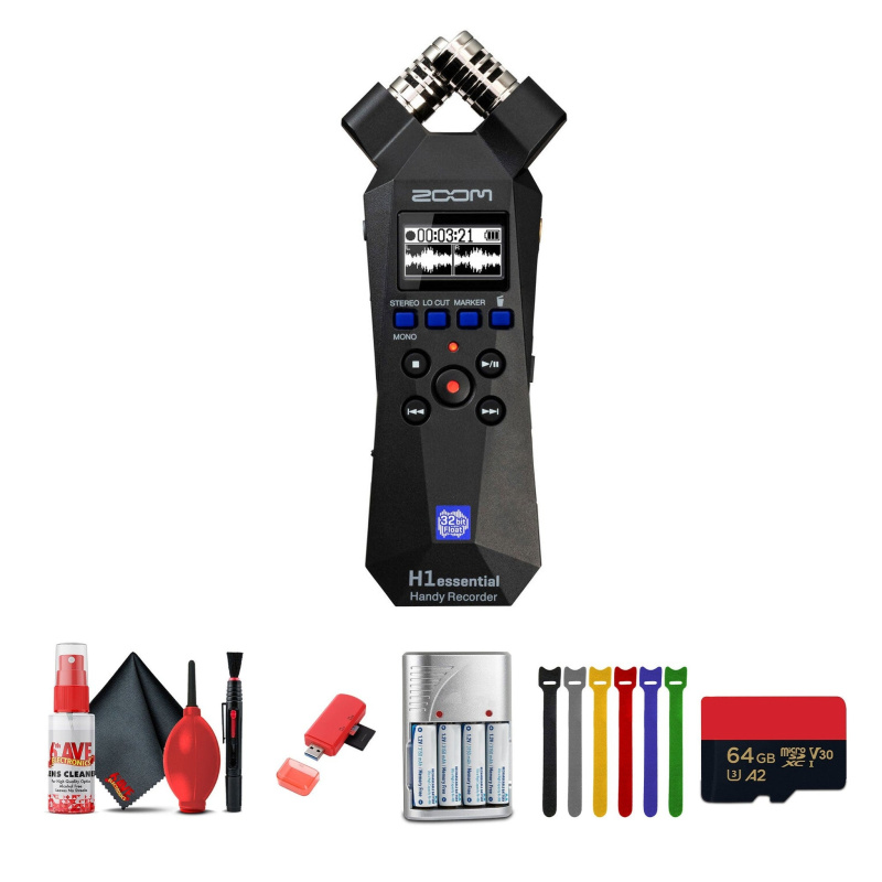 Zoom H1essential 2-Track 32-Bit Audio Recorder, Memory Card Pro 64GB, Bundle