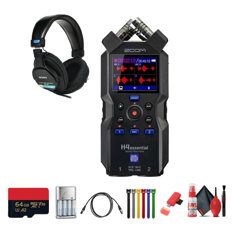 Zoom H4essential 4-Track 32-Bit Float Audio Recorder + Headphones, Bundle