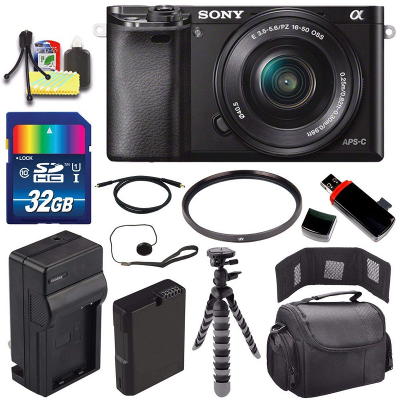Sony Alpha a6000 Mirrorless Digital Camera with 16-50mm Lens (Black) + Battery + Charger + 32GB Bundle 2 - International