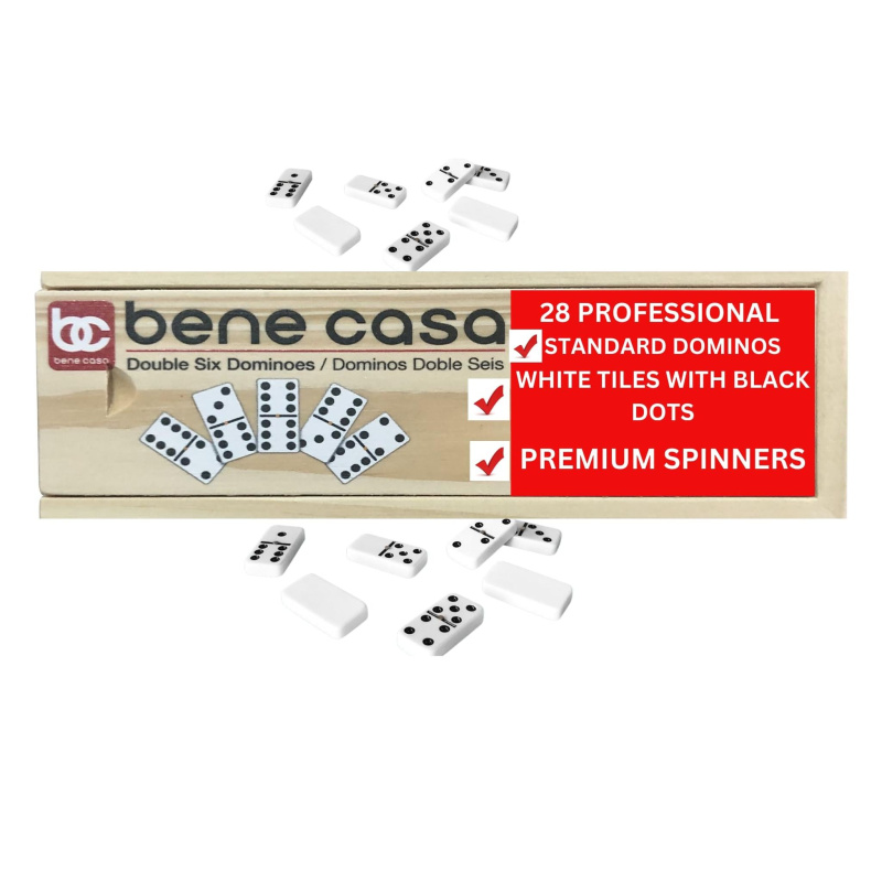 Bene Casa - Hand Crafted Double 6 Dominoes Set with Wooden Storage Box - 28 Piece Set - Dominoes Feature Brass Spinners