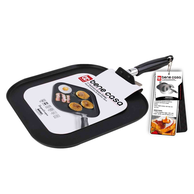 Bene Casa 11-Inch Square Nonstick Aluminum Griddle | Dishwasher Safe | Stovetop Suitable | Fast, Even Cooking | Lightweight and Sturdy.