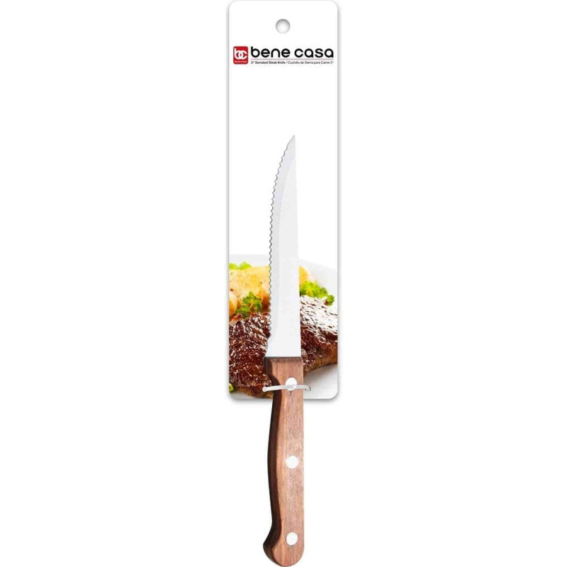 Bene Casa Chef knife with rosewood handle, stainless steel blade, full tang and triple riveted handle 5" Serrated Steak Knife