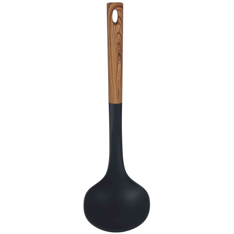 Bene Casa - Black Ladle with Wood Like Handle, Heat Resistant. Black Ladle w/Wood Like Handle, 14"