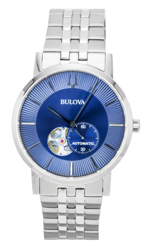 Bulova American Clipper Stainless Steel Open Heart Blue Dial Automatic 96A247 Men's Watch