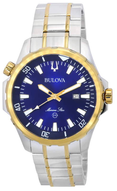 Bulova Marine Star Two Tone Bracelet Blue Dial Quartz 98B384 100M Men's Watch