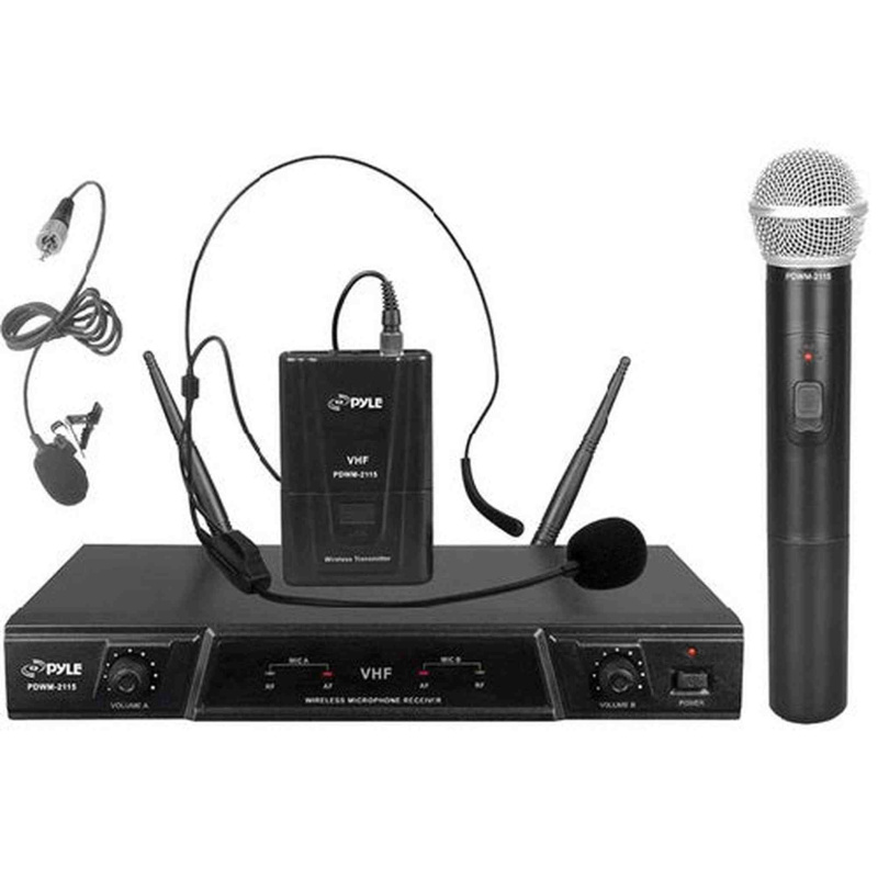 Dual Channel Wireless Microphone System - Portable VHF Audio Mic Set with Clip Lavalier lapel, Handheld, Headset, Transmitter, ¼’’ cable, power adapte