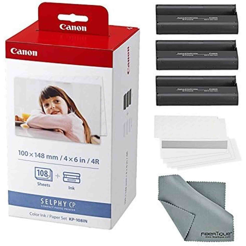 Canon KP-108IN Color Ink and Paper Set + Fibertique Cleaning Cloth (International Model)