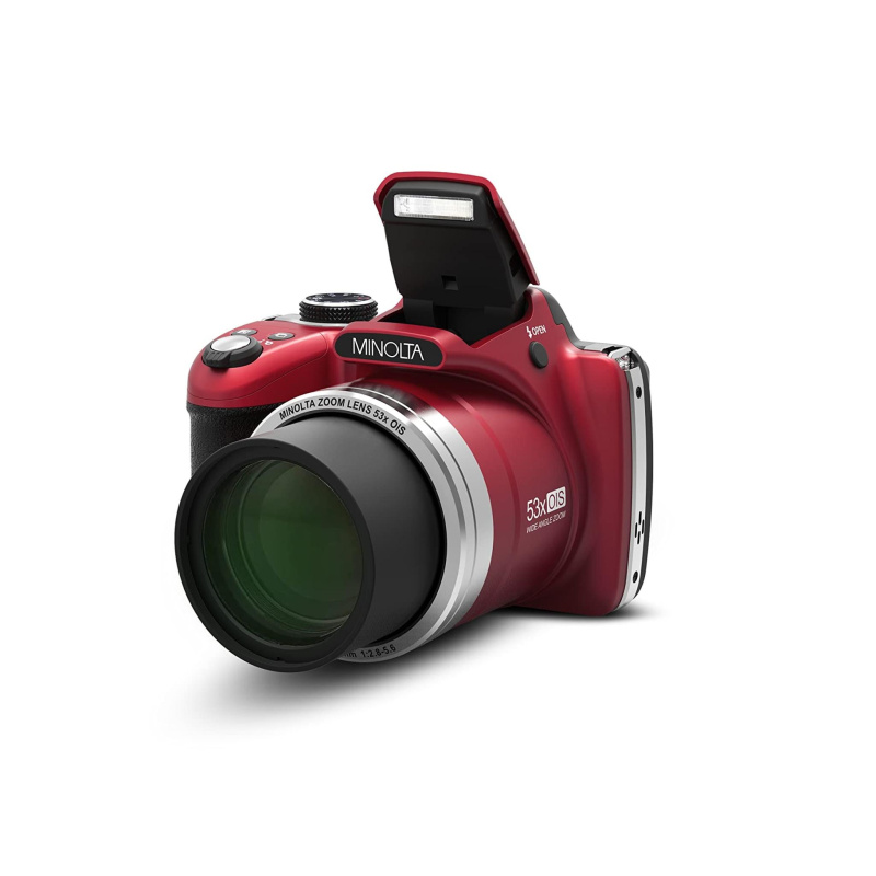 Minolta Pro Shot 16 Mega Pixel HD Digital Camera with 53x Optical Zoom, Full 1080p HD Video & 16GB SD Card, MN53Z, Red