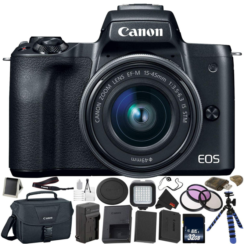 Canon EOS M50 Mirrorless Digital Camera with 15-45mm Lens Bundle with 32GB Memory Card + Tripod + Spare Battery + LED Light + More - Intl Model (Inter