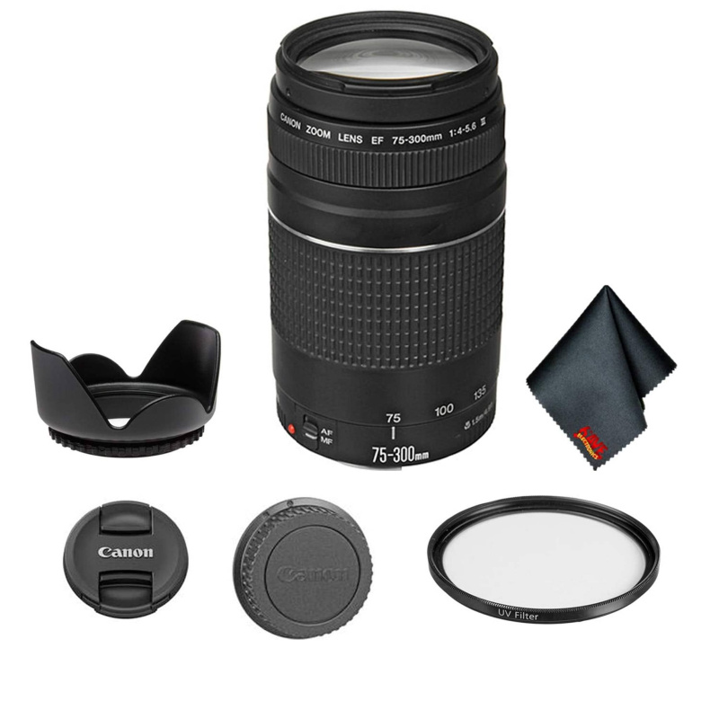 Canon EF 75-300mm f/4-5.6 III Telephoto Zoom Lens 6473A003 Bundle with Tulip Lens Hood + UV Filter + More (International Model)