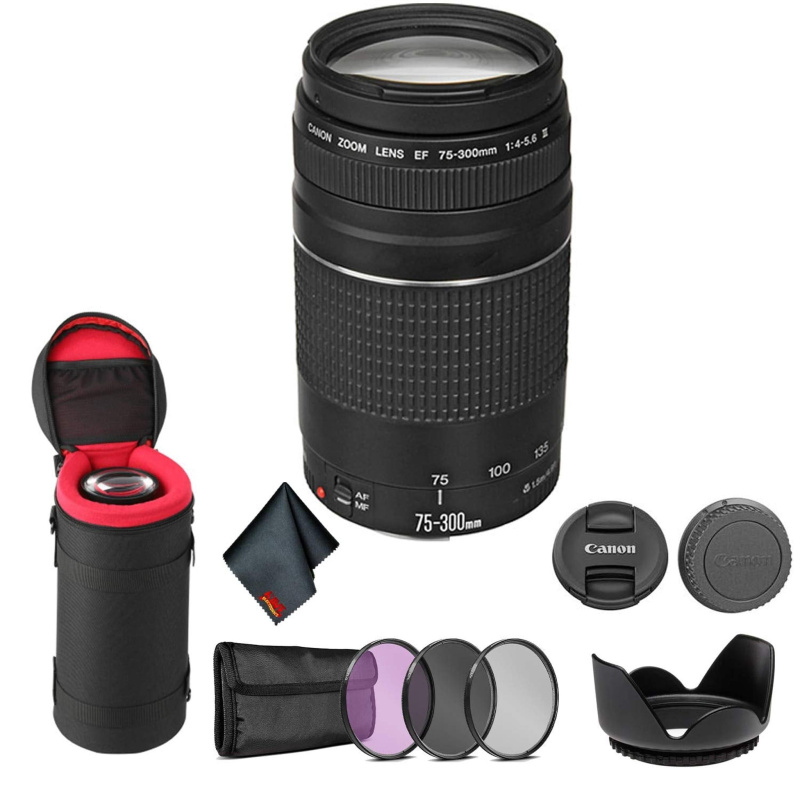 Canon EF 75-300mm f/4-5.6 III Telephoto Zoom Lens 6473A003 Bundle with Tulip Lens Hood + Filter Kit+ Lens Case + More (International Model)