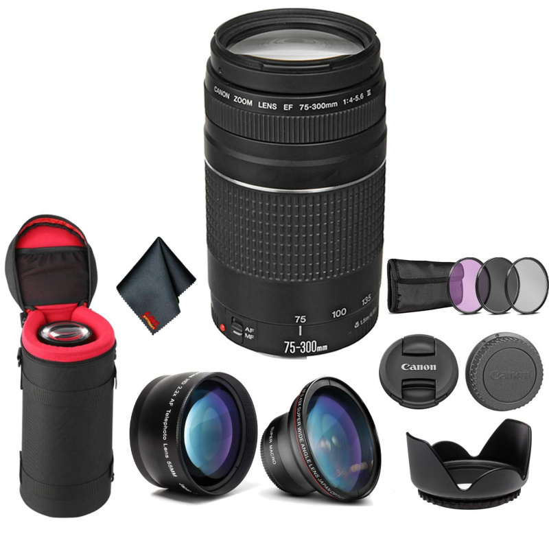 Canon EF 75-300mm f/4-5.6 III Telephoto Zoom Lens 6473A003 Bundle with Tulip Lens Hood + Wide Angle Lens + Telephoto Len (International Model)