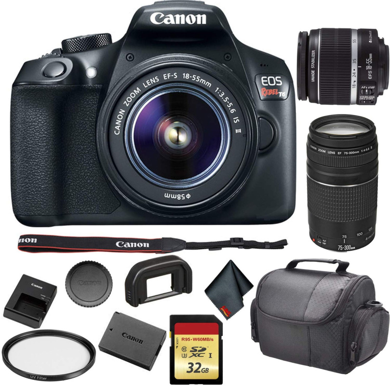 Canon EOS Rebel T6 DSLR Camera with 18-55mm Lens 1159C003 Bundle with Canon EF 75-300mm f/4-5.6 III Lens + 32GB Memory C (International Model)