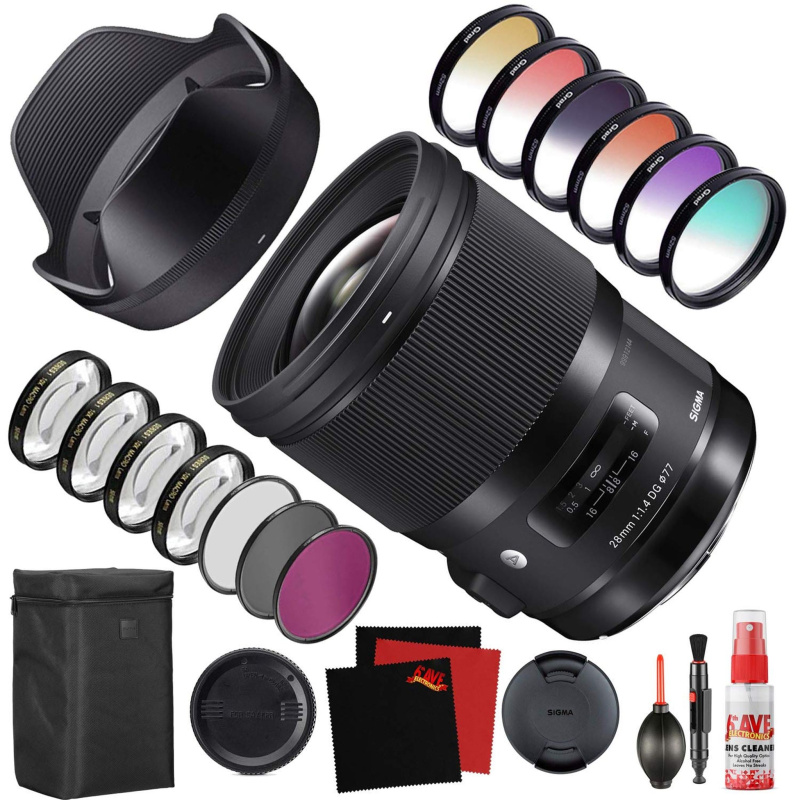 Sigma 28mm f/1.4 DG HSM Art Lens for Nikon F (441955) with FLD Filter, CPL Filter, UV Filter - Color Graduated Filter Ki