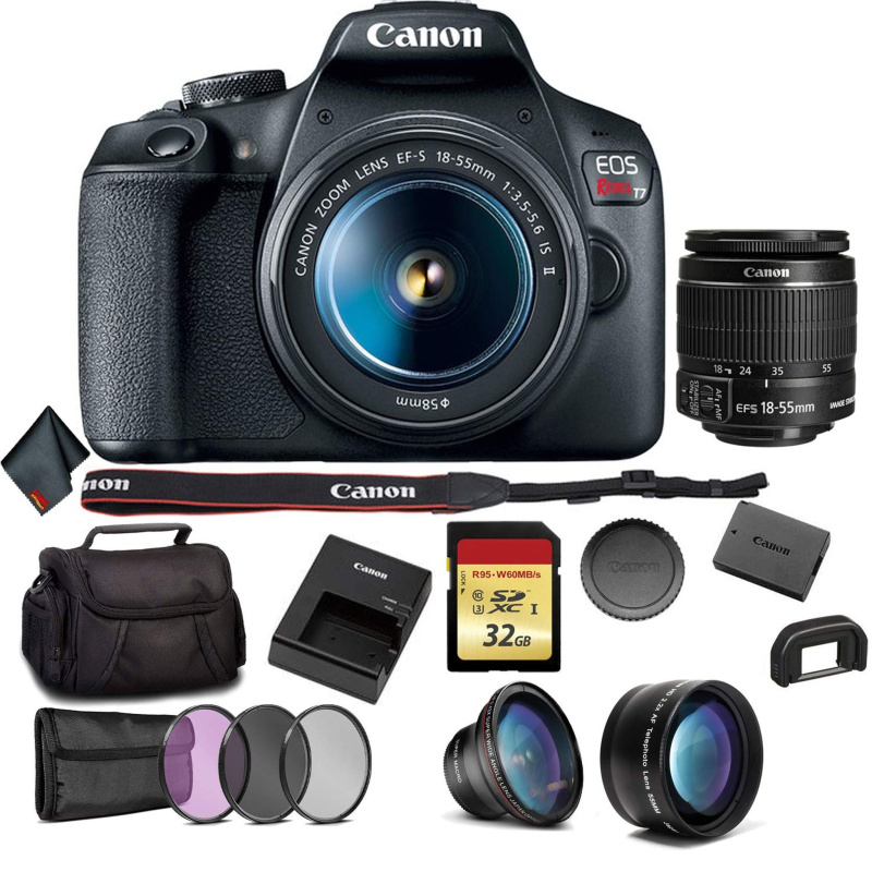 Canon EOS Rebel T7 DSLR Camera with 18-55mm Lens Bundle with 32GB Memory Card + 3pc Filter Kit + Angle Lens + Telephoto (International Model)