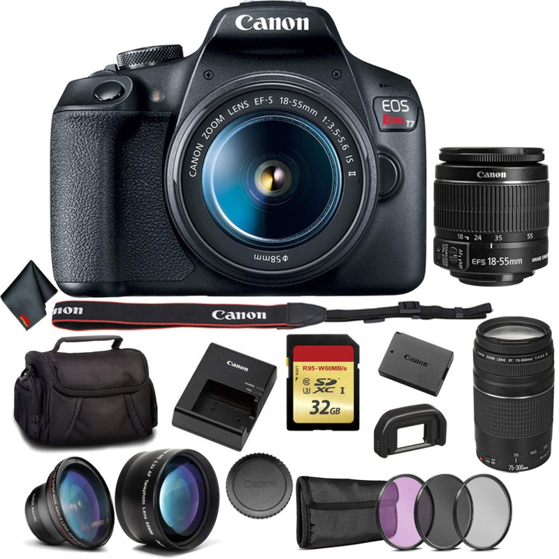 Canon EOS Rebel T7 DSLR Camera Bundle with 2 Lenses (18-55 + 75-300mm Lens) + 32GB Memory Card + 3pc Filter Kit + Angle (International Model)