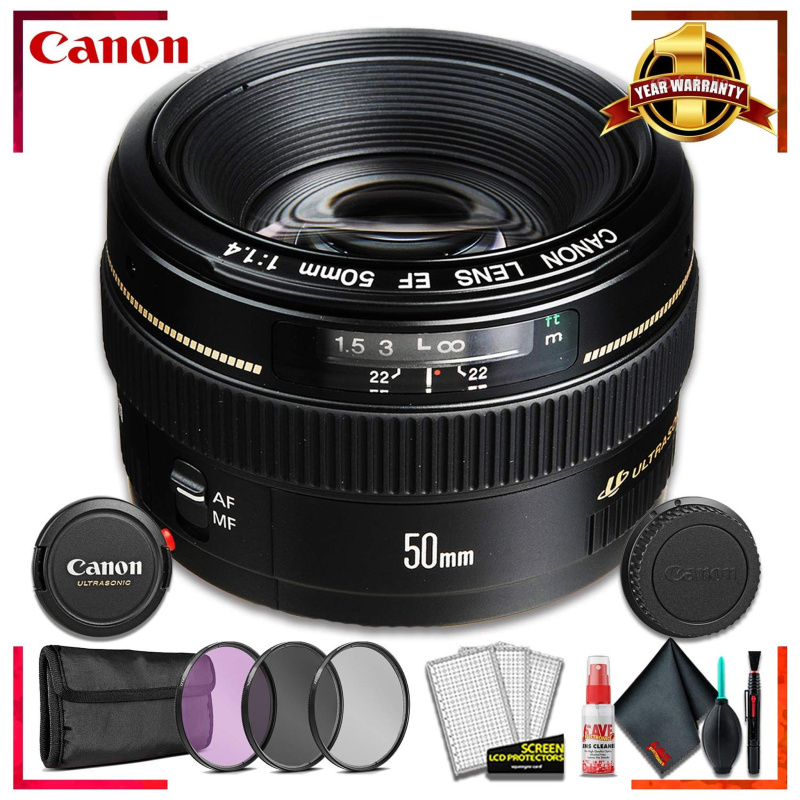 Canon EF 50mm f/1.4 USM Camera Lens + 3 Pcs Filter Kit + Cleaning Kit (International Model)