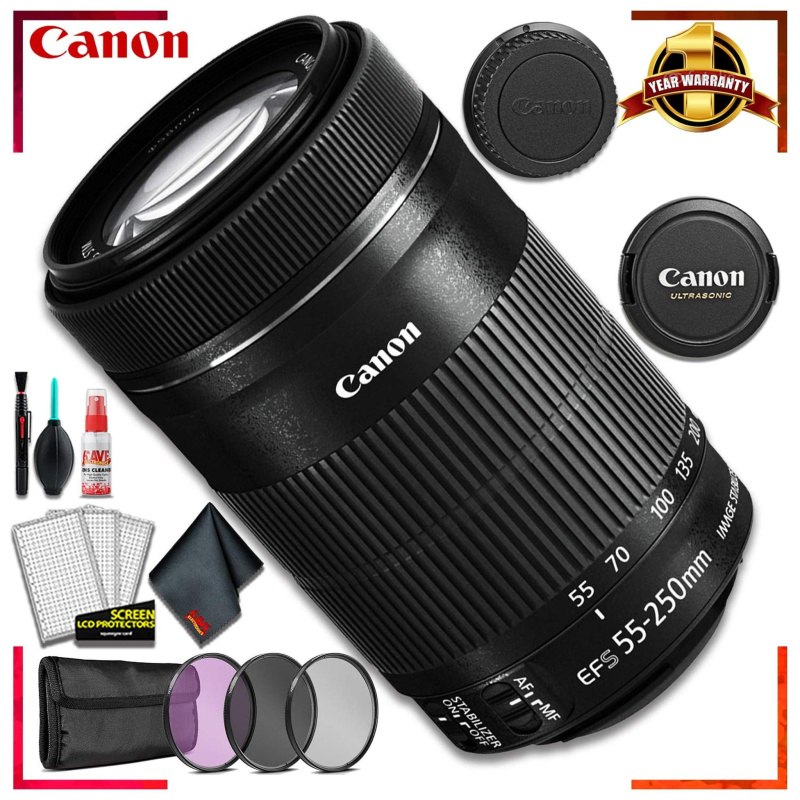 Canon EF-S 55-250mm f/4-5.6 is STM Lens + 3 Pcs Filter Kit + Cleaning Kit (International Model)