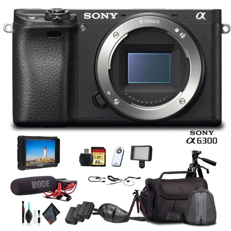 Sony Alpha a6300 Mirrorless Camera Black ILCE6300/B With Soft Bag, Tripod, 2x Extra Batteries, Rode Mic, LED Light, External HD Monitor, 2x 64GB Cards