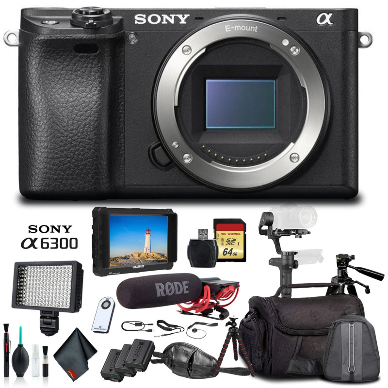 Sony Alpha a6300 Mirrorless Camera Black ILCE6300/B With Soft Bag, Zhiyun-Tech WEEBILL Stabilizer, Tripod, 2x Extra Batteries, Rode Mic, LED Light, 2x
