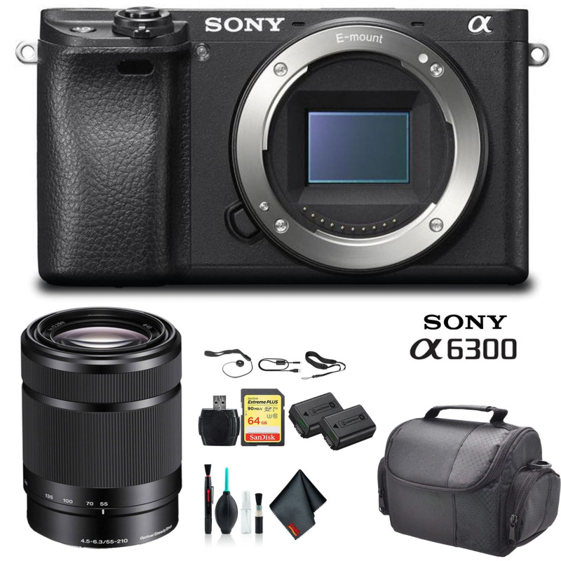 Sony Alpha a6300 Mirrorless Camera Black ILCE6300/B With Sony 55-210mm Lens, Soft Bag, Additional Battery, 64GB Memory Card, Card Reader , Plus Essent