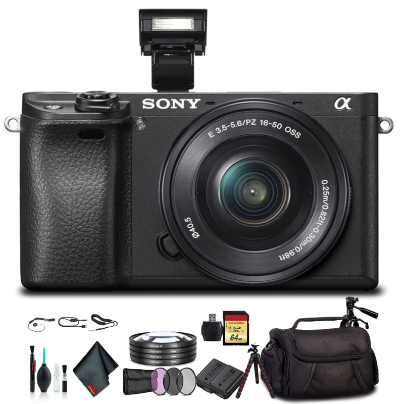 Sony Alpha a6300 Mirrorless Camera with 16-50mm Lens Black ILCE6300L/B With Soft Bag, Lens Filters, Tripod, Additional Battery, 64GB Memory Card, Card
