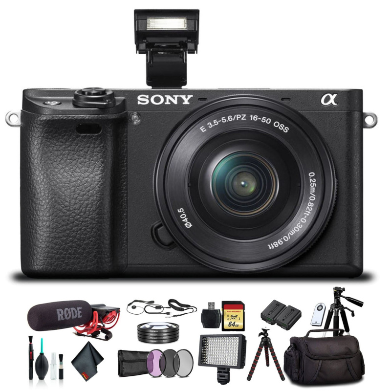 Sony Alpha a6300 Mirrorless Camera with 16-50mm Lens Black ILCE6300L/B With Soft Bag, Tripod, Additional Battery, Rode Mic, LED Light, 64GB Memory Car