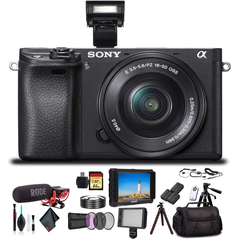 Sony Alpha a6300 Mirrorless Camera with 16-50mm Lens Black ILCE6300L/B With Bag, Filters, 2x Extra Batteries, Rode Mic, LED Light, External HD Monitor