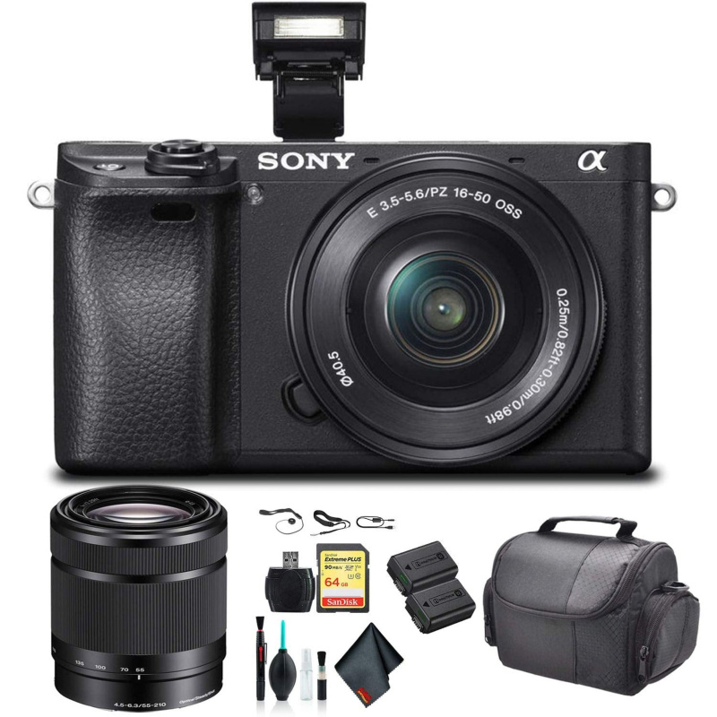 Sony Alpha a6300 Mirrorless Camera with 16-50mm Lens Black ILCE6300L/B With Sony 55-210mm Lens, Soft Bag, Additional Battery, 64GB Memory Card, Card R