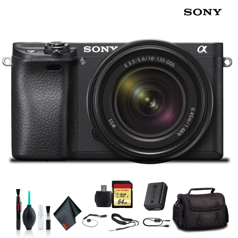 Sony Alpha a6300 Mirrorless Camera with 18-135mm Lens Black ILCE-6300M/B With Soft Bag, 64GB Memory Card, Card Reader , Plus Essential Accessories