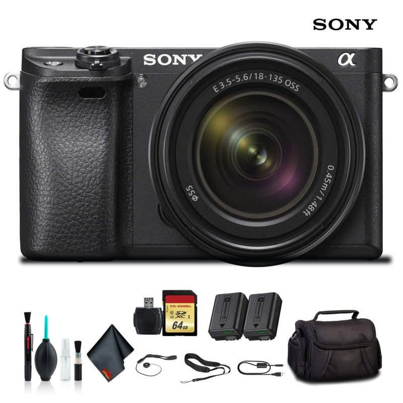 Sony Alpha a6300 Mirrorless Camera with 18-135mm Lens Black ILCE-6300M/B With Soft Bag, Additional Battery, 64GB Memory Card, Card Reader , Plus Essen