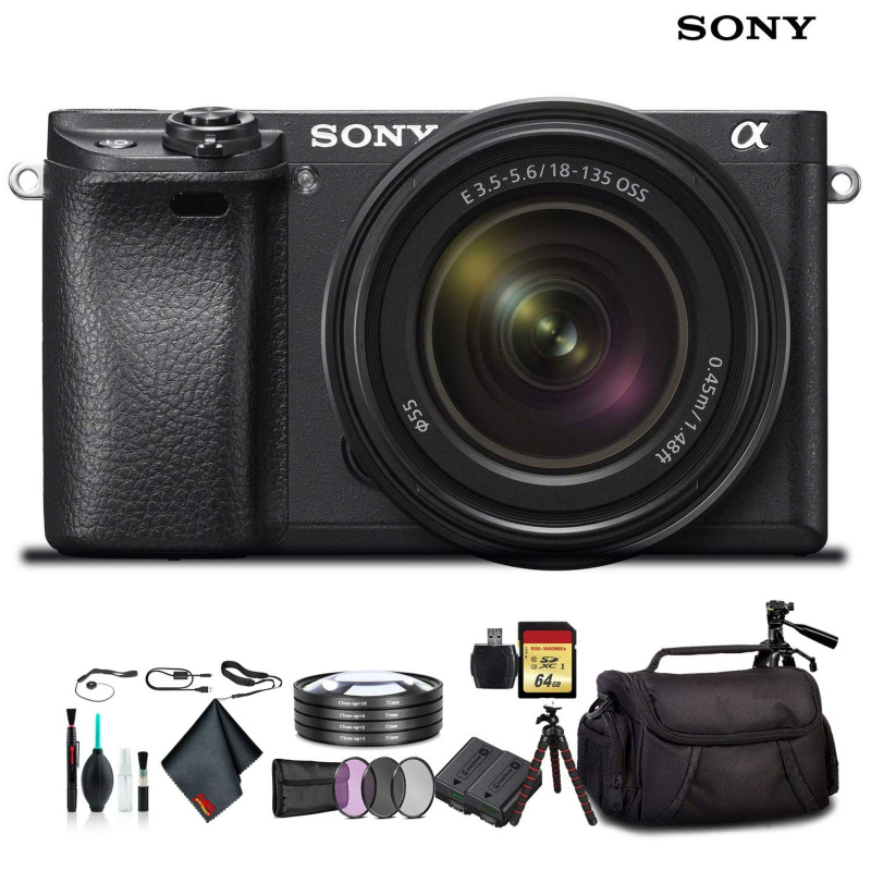 Sony Alpha a6300 Mirrorless Camera with 18-135mm Lens Black ILCE-6300M/B With Soft Bag, Lens Filters, Tripod, Additional Battery, 64GB Memory Card, Ca