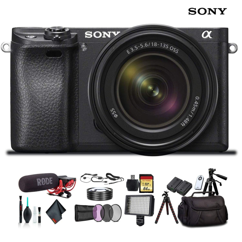 Sony Alpha a6300 Mirrorless Camera with 18-135mm Lens Black ILCE-6300M/B With Soft Bag, Lens Filters, Battery, Rode Mic, LED Light, 64GB Memory Card,