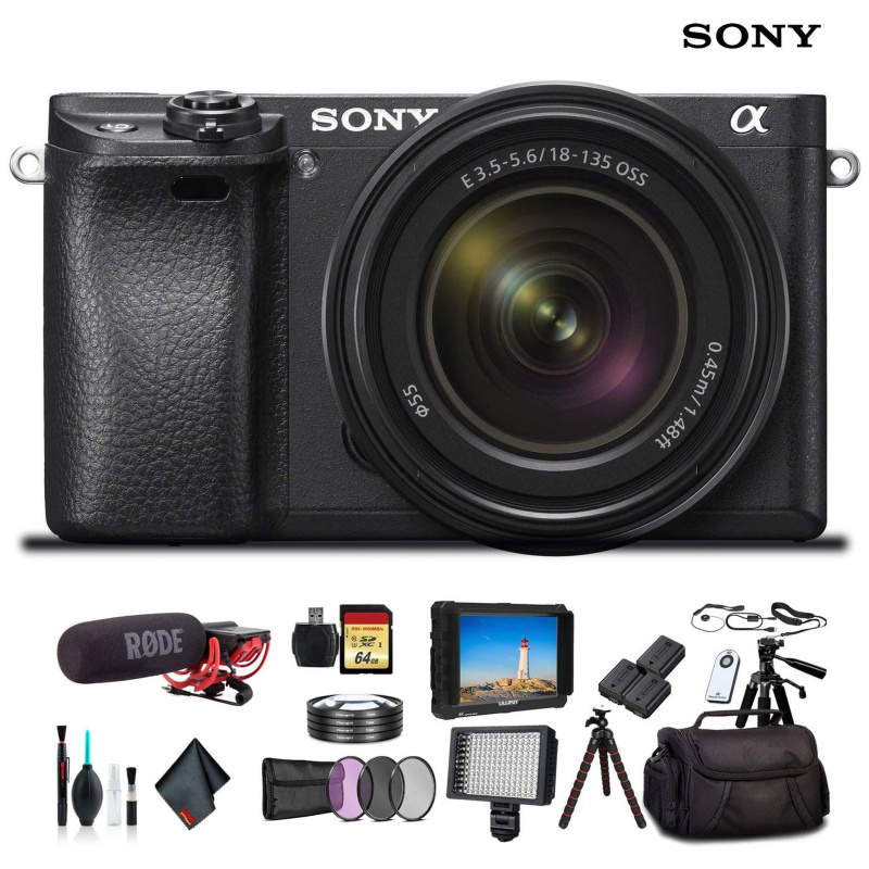 Sony Alpha a6300 Mirrorless Camera W/ 18-135mm Lens ILCE-6300M/B, Lens Filters, 2x Extra Batteries, Rode Mic, LED Light, External HD Monitor, 2x 64GB