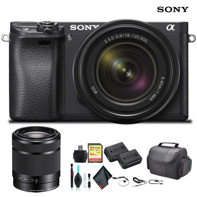 Sony Alpha a6300 Mirrorless Camera with 18-135mm Lens Black ILCE-6300M/B With Sony 55-210mm Lens, Soft Bag, Additional Battery, 64GB Memory Card, Card